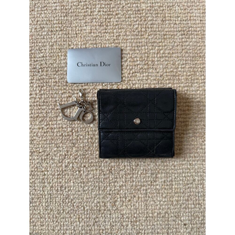 CHRISTIAN DIOR Cannage Wallet & silver Logo Charm Black Leather FREE CHAIN - Picture 3 of 15